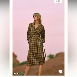 Anthropologie M Yellow Black Plaid Dalton embroidered Fall Wrap Maxi Dress